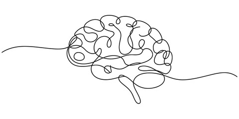 Abstract minimalist human brain drawn with a continuous single black line art illustration on a clean white background, representing thought, intelligence, and creativity. Vector, illustration © Creative_Outline2019