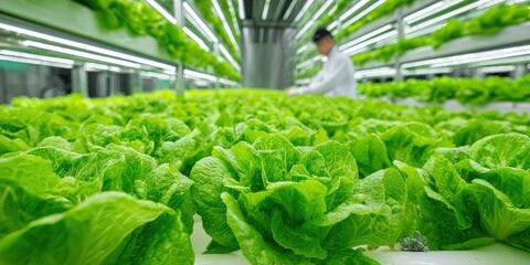 Workers tend to rows of lettuce in a vertical farm during the day