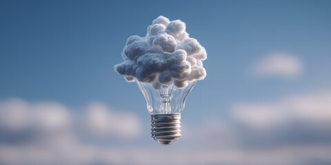 Light bulb with cloud floating above it during bright sky showing blend of ideas and creativity in a conceptual setting