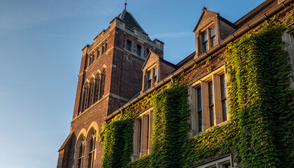 Historic brick building with a prominent tower and ivycovered facade, bathed in warm golden hour sunlight under a clear blue sky, showcasing classic architectural beauty and natural charm.
