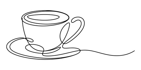 Continuous line drawing of a simple coffee cup with a handle and saucer, minimalist black outline art on a clean white background, perfect for modern designs. Vector, illustration