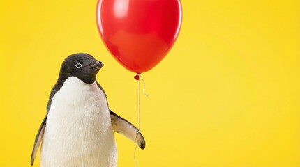 Penguin standing with red balloon for National Penguin Day holiday celebration