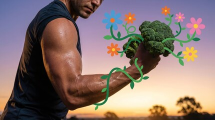 Muscular man flexing bicep holding broccoli for National Nutrition Month