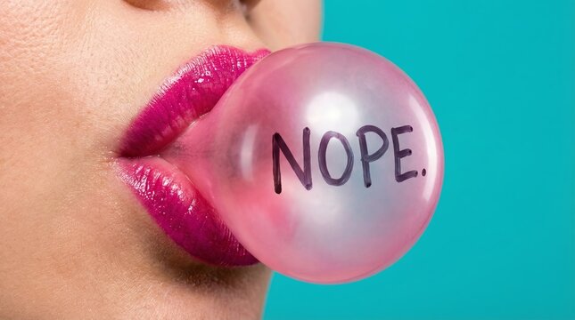 Woman lips with pink lipstick blowing bubble gum with nope text on teal background