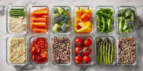 Meal prep with assorted vegetables and grains for healthy eating in clear containers on a marble countertop