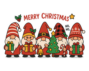 Cartoon set of funny Santa Claus and snowman with gifts, Christmas tree, and winter holiday decorations vector illustration