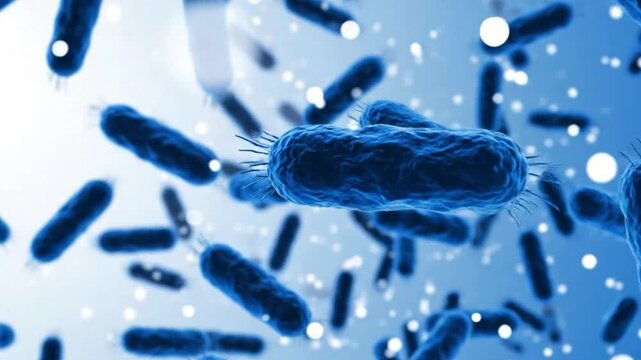 Microscopic bacteria illustration showing pathogenic microbial cells floating in blue environment for scientific medical and microbiology research visualization