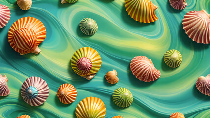 Seashells in decorative sea waves. Dynamic illustration. Shell background.	
