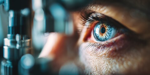 Close view of a human eye during an eye exam at an optometrist office in bright light