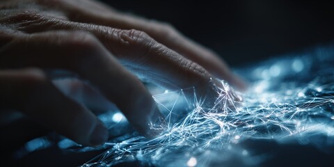 Hands interact with digital network in dark space showcasing technology and connectivity at nighttime