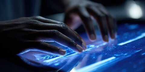 Hands interact with a digital interface at night during a technology session focused on data analysis and programming