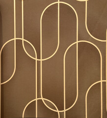 Graphic background 3D wallpaper in geometrical art deco round curves and vertical lines, in brown and gold color. Suitable for wall paper and fabrics. Seamless background texture