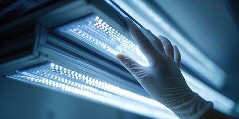 Hand adjusting LED light fixtures for repair or maintenance tasks in a workshop environment during daylight hours