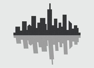 Abstract Cityscape Silhouette Dot Matrix Halftone Urban Skyline Reflection Pattern Vector Illustration Geometric Building Mosaic Art Black Grey Modern Architecture Town Design