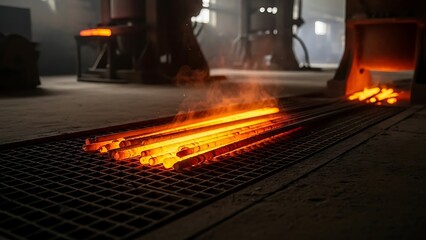 Hot Metal Bars on Cooling Grid in Factory