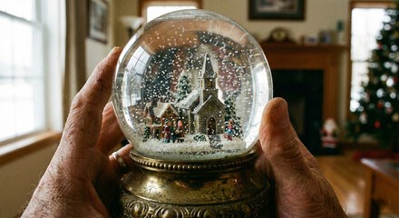 Whimsical Winter World: A pair of hands tenderly cradles a snow globe, encapsulating a miniature winter scene with charming details, evokes nostalgia. 