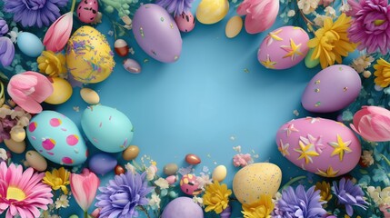vibrant top-view Easter promotional layout of colorful Easter eggs, candies, flowers and festive decorations against blue background