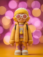 Stylish Figurine: A fashionable figurine embodies modern style with its sunglasses, hat, and patterned ensemble, set against an artistic bokeh background.