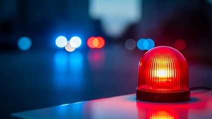Vibrant red emergency siren light flashing brightly at night with blurred police and ambulance vehicle lights in urban background