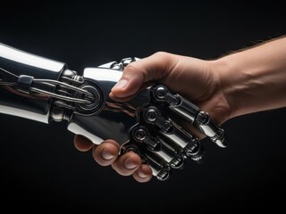 Closeup of a human hand firmly shaking a futuristic metallic robot arm against a dark background symbolizing partnership and technology integration