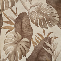 Graphic background in monstera tropical palm leaves pattern in vintage brown, cream, and white color. Tropical palm leaves concept, printed wallpaper and fabric. Seamless background texture.