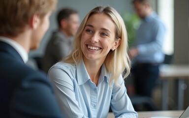A happy disabled blonde woman in a wheelchair smiles at work with colleagues. Generative AI. High quality