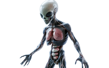 Alien humanoid with semi transparent skin revealing inner anatomy in a futuristic sci fi environment