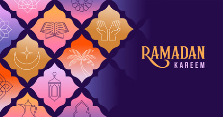 Ramadan Kareem greeting card template and wallpaper design. Modern geometric Islamic background with linear icons © Marina Zlochin