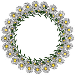 Fototapeta premium Delicate vector wreath of white daisies with yellow centers and green leaves, forming a circular frame for text or design elements.