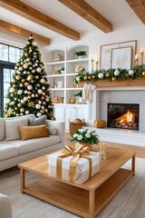 Obraz premium Cozy Christmas living room with gold and white decor, decorated tree and glowing fireplace scene