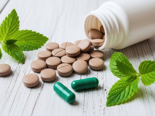 Herbal medicine concept with brown tablets spilling from a white bottle next to fresh green mint leaves on a light wooden surface