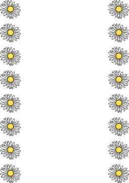 Decorative vector border composed of hand-drawn white daisies with yellow centers, arranged vertically along the left and right edges of a blank white space.