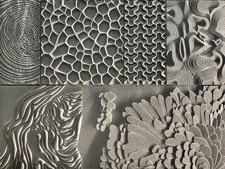 Close up of 3D carving in flower and leaves random pattern, carved on grey material. Suitable for...