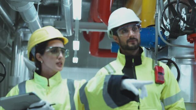 ndustrial engineering professional assesses the core pipeline network integral to the massive water cooling and air chiller facility.