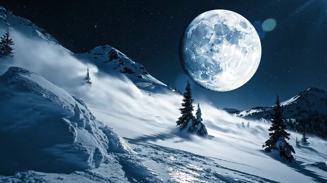 A serene snowy mountain landscape under a bright supermoon with pine trees and a dark blue night sky, captured in a cinematic style with a shallow depth of field and cool tones.