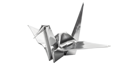 Silver origami crane isolated detailed view on transparent background isolated on transparent background