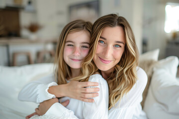 young mother hugging her daughter, portrait inside living room