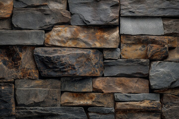 Wall is made up of rust shaped rocks, with dark gray and brown with unique texture for interior design