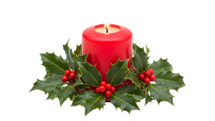 Festive red candle with holly berries isolated on transparent background