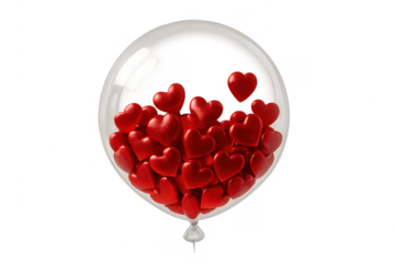 Clear balloon holding many red hearts on transparent background