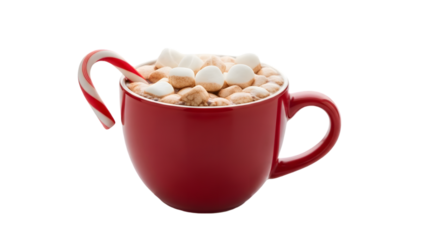 Red mug of hot cocoa with marshmallows isolated on transparent background