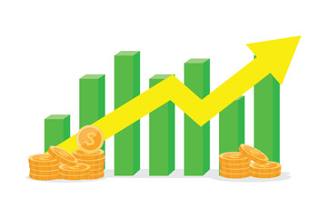Financial growth concept with rising bar graph and arrow with gold coins