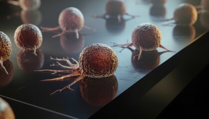 Tumor cells microscopy concept. Microbes displayed in a scientific setting on a reflective surface.