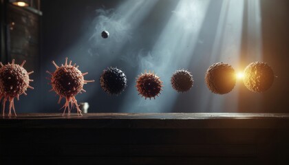 Tumor cells microscopy concept. Viral particles in a dramatic light setting show evolution and transformation.