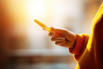 Closeup of a woman's fingers holding a pregnancy test, bright daylight illuminating the scene, shallow depth of field, capturing emotions of joy mixed with anxiety