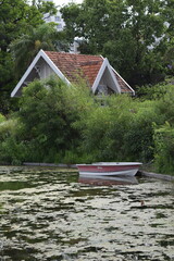 Small Red Roof Boathouse by a Calm, Algae-Covered Lake