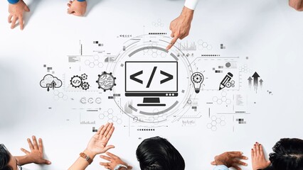 A diverse group of professionals collaborates over a computer code concept on a workspace, integrating technology elements and fostering innovation through teamwork. Raster