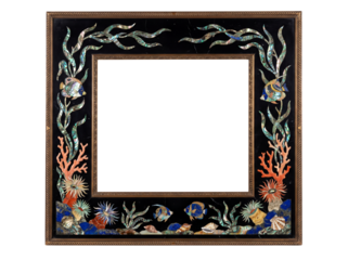 An ornate black picture frame with a vibrant sea life motif, featuring inlaid fish, coral, and seaweed made of semi-precious stones and mother-of-pearl.