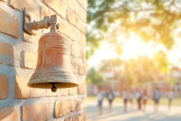Fototapeta premium Old rustic bell hanging on brick wall bathed in sunlight