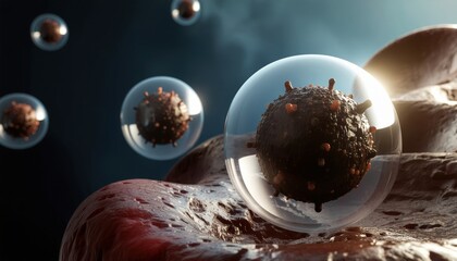 Tumor cells microscopy concept. Microscopic view of cells with a virus under glass-like surfaces.